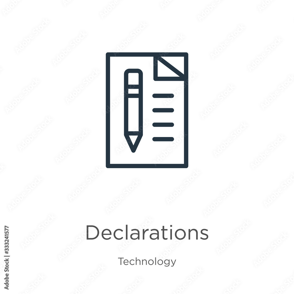 Declarations icon. Thin linear declarations outline icon isolated on white background from technology collection. Line vector sign, symbol for web and mobile Declarations icon. Thin linear declarations outline icon isolated on white background from technology collection. Line vector sign, symbol for web and mobile
