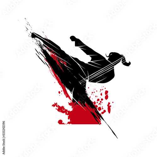 Fighting pose of martial arts silhouette character logo illustration. 