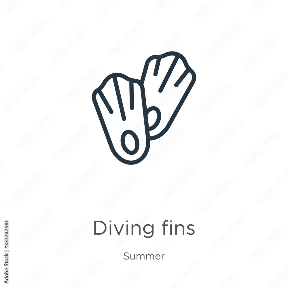 Fototapeta premium Diving fins icon. Thin linear diving fins outline icon isolated on white background from summer collection. Line vector sign, symbol for web and mobile