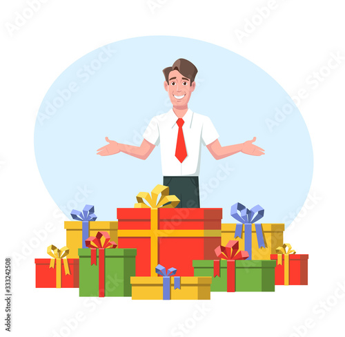 A smiling man in white shirt with tie is standing with a big amount of presents. Vector illustration.