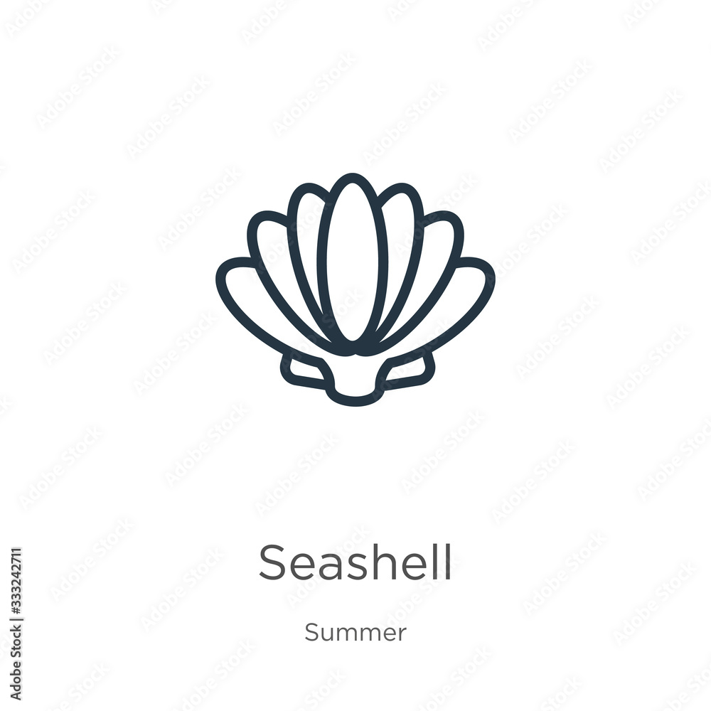 Seashell icon. Thin linear seashell outline icon isolated on white background from summer collection. Line vector sign, symbol for web and mobile