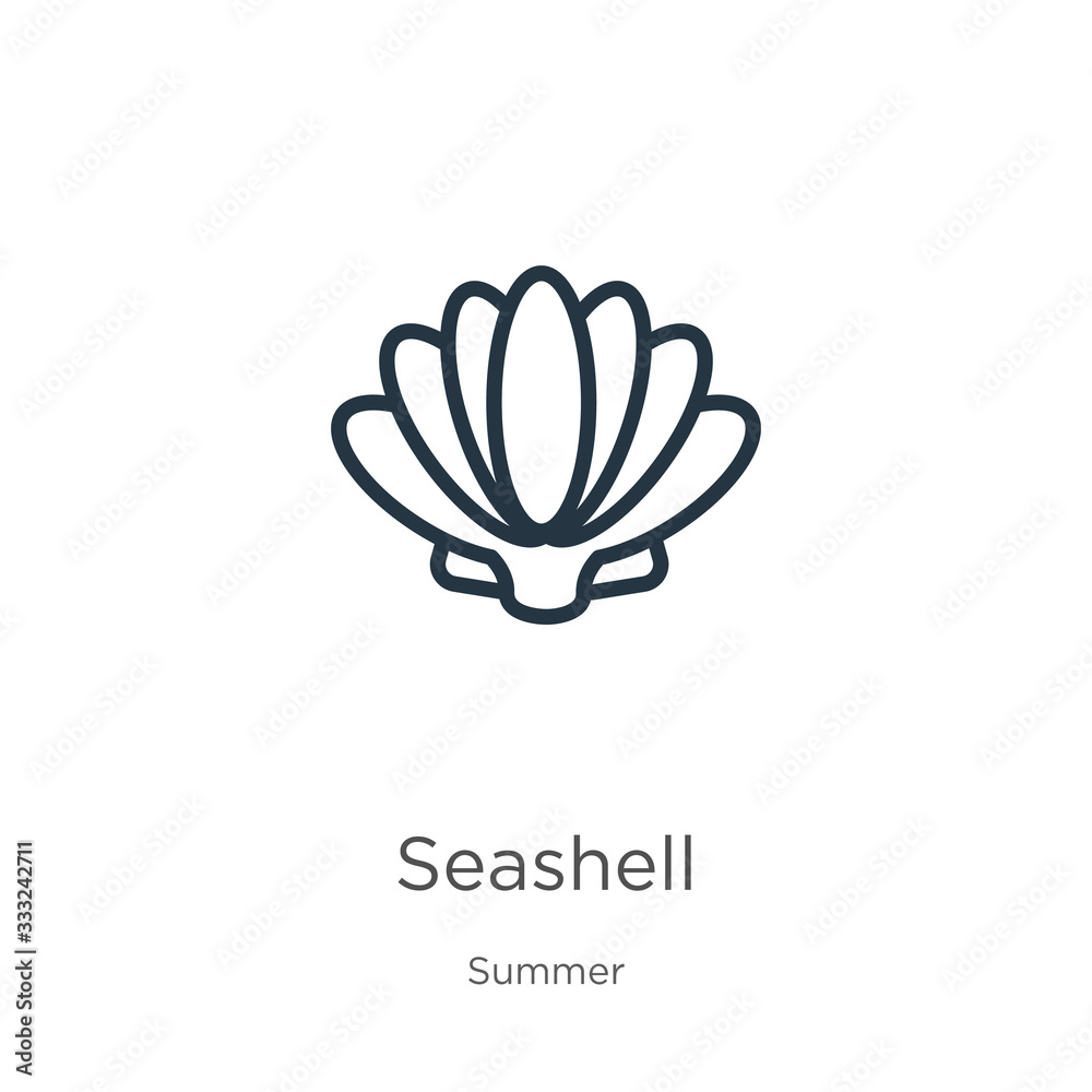 Seashell icon. Thin linear seashell outline icon isolated on white background from summer collection. Line vector sign, symbol for web and mobile Seashell icon. Thin linear seashell outline icon isolated on white background from summer collection. Line vector sign, symbol for web and mobile
