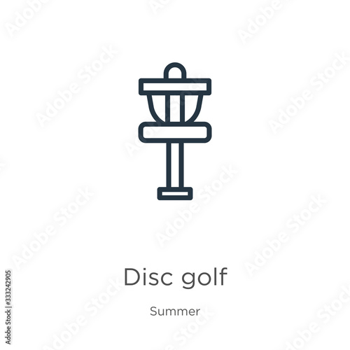 Disc golf icon. Thin linear disc golf outline icon isolated on white background from summer collection. Line vector sign, symbol for web and mobile