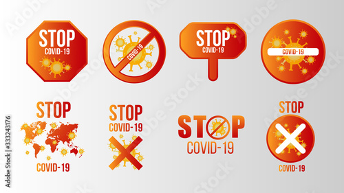 Stop Covid-19 Pandemic stop Novel Coronavirus outbreak concept symptoms in Wuhan China Travel or vacation warning with air plane and quarantine with protective icon sign. Prevention design background.