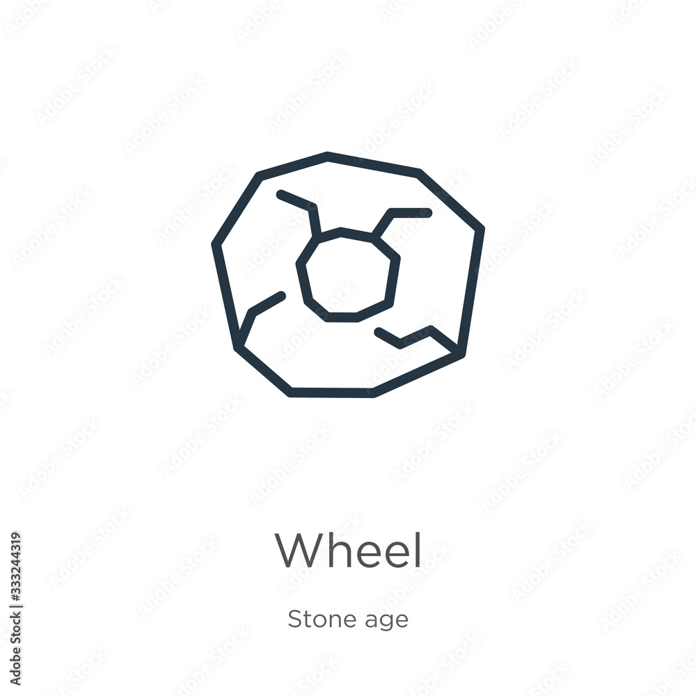 Fototapeta premium Wheel icon. Thin linear wheel outline icon isolated on white background from stone age collection. Line vector sign, symbol for web and mobile