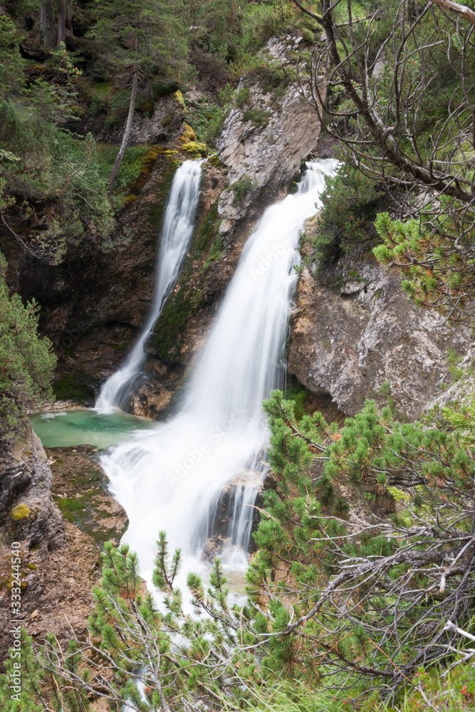 Fanes Waterfalls in Fanes Sennes Braies Nature Park, Cortina d'Ampezzo, Dolomites, Italy Fanes Waterfalls in Fanes Sennes Braies Nature Park, Cortina d'Ampezzo, Dolomites, Italy