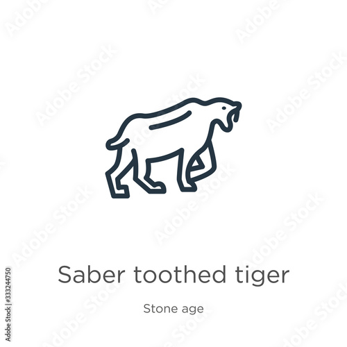 Saber toothed tiger icon. Thin linear saber toothed tiger outline icon isolated on white background from stone age collection. Line vector sign  symbol for web and mobile
