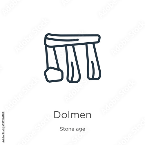Dolmen icon. Thin linear dolmen outline icon isolated on white background from stone age collection. Line vector sign  symbol for web and mobile