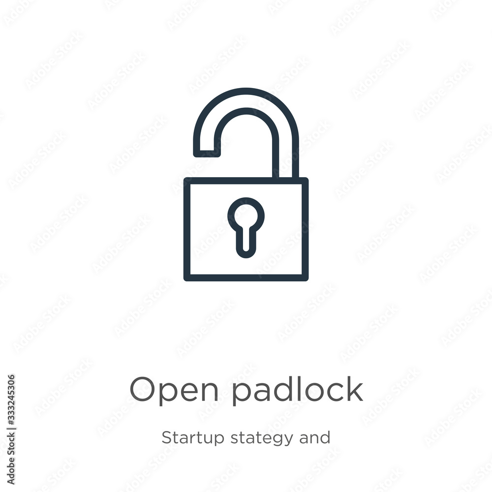 Open padlock icon. Thin linear open padlock outline icon isolated on white background from startup stategy and success collection. Line vector sign, symbol for web and mobile Open padlock icon. Thin linear open padlock outline icon isolated on white background from startup stategy and success collection. Line vector sign, symbol for web and mobile