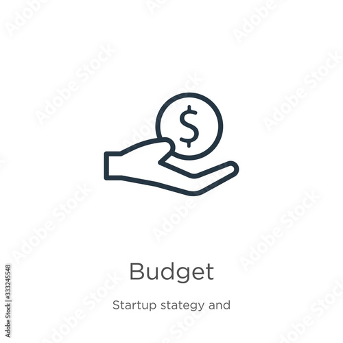Budget icon. Thin linear budget outline icon isolated on white background from startup stategy and success collection. Line vector sign, symbol for web and mobile