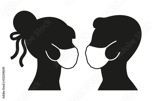 Romantic couple during coronavirus pandemic concept. Medical face mask antivirus protection. Head silhouette. Love, romance, wedding, relationship concept. Vector illustration.