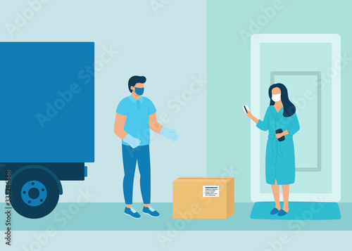 Safe contactless delivery of goods to buyer. Cargo delivery by car. Man courier delivered parcel box to woman customer. Coronavirus pandemic concept. Vector illustration