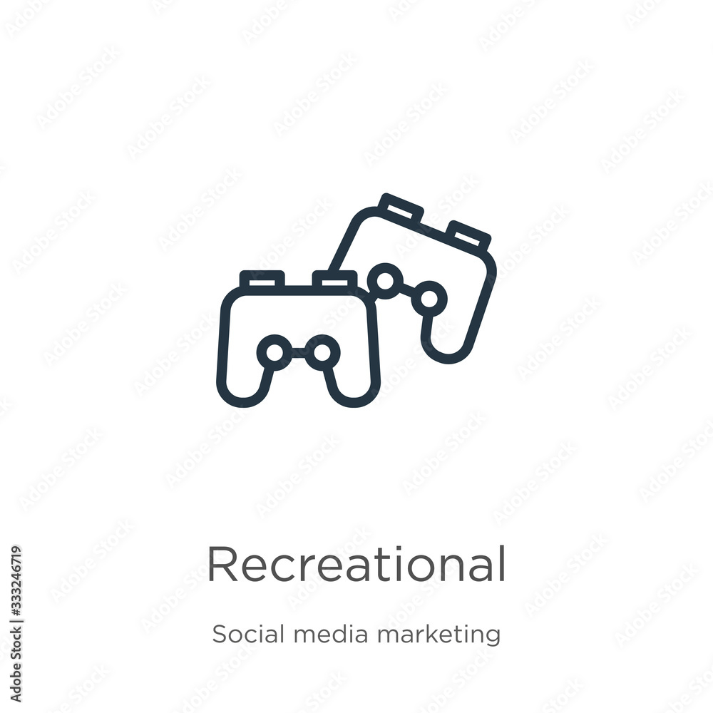 Recreational icon. Thin linear recreational outline icon isolated on white background from social collection. Line vector sign, symbol for web and mobile Recreational icon. Thin linear recreational outline icon isolated on white background from social collection. Line vector sign, symbol for web and mobile
