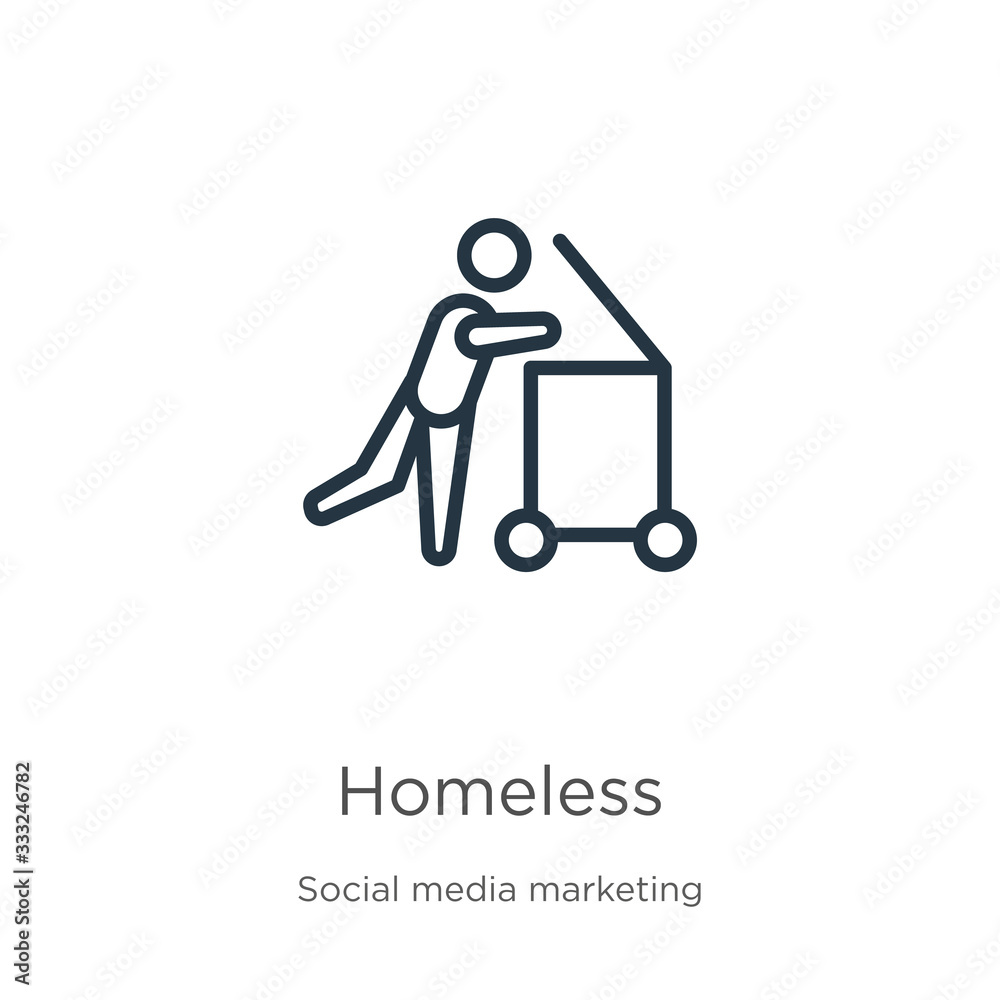 Homeless icon. Thin linear homeless outline icon isolated on white background from social collection. Line vector sign, symbol for web and mobile