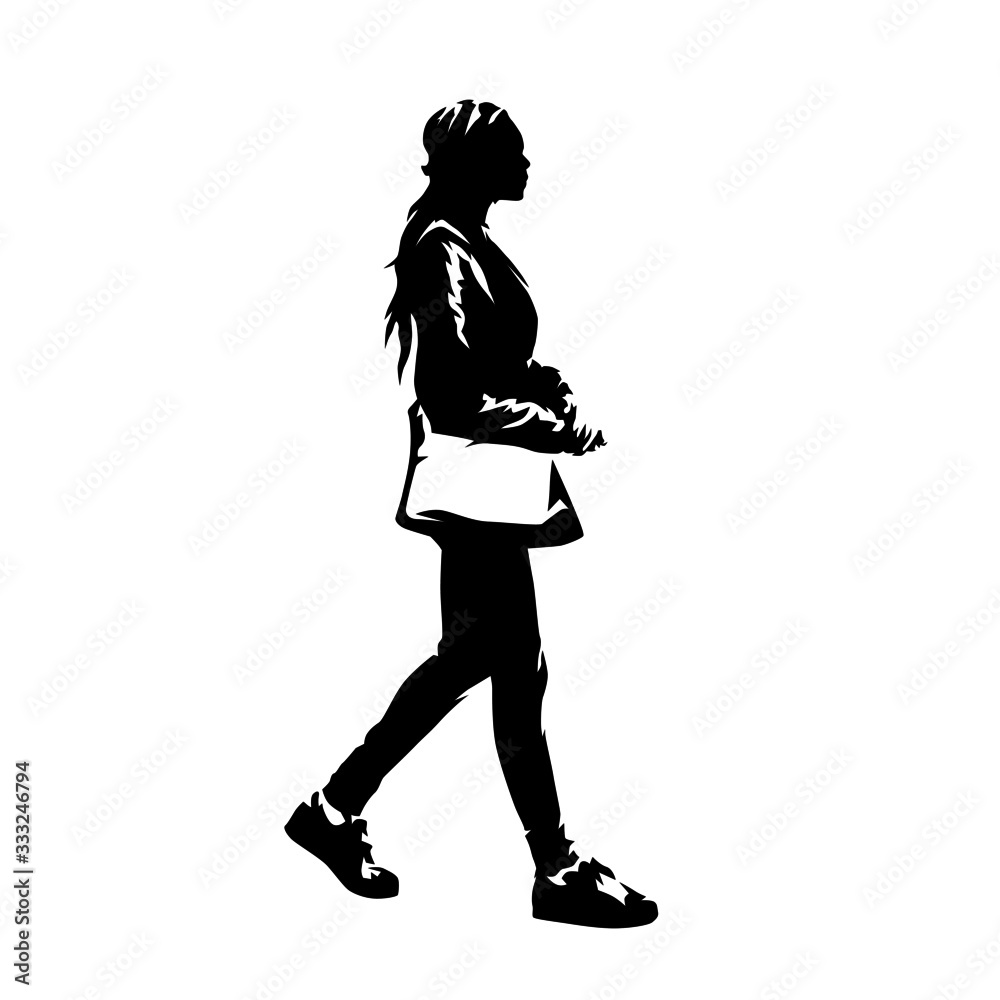 Woman with handbag walking, young african american lady profile. Ink drawing. Isolated vector silhouette