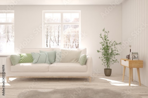 White living room with sofa and winter landscape in window. Scandinavian interior design. 3D illustration