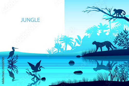 Vector rainforest background with stork, leopard, river, monkey palm trees. Ecological tropical banner with exotic flora and fauna. Horizontal jungle landscape in trendy blue color with copy space