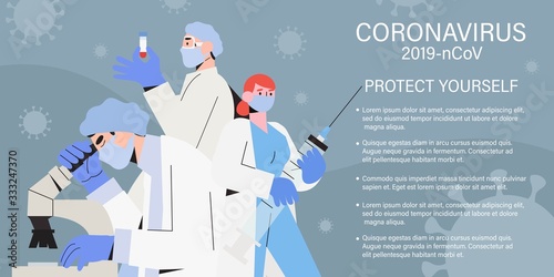 Doctor team or medical health care professionals fighting with coronavirus pandemic or coronavirus disease 2019 COVID-19. Informing people about self protective measures, treatment and prevention.