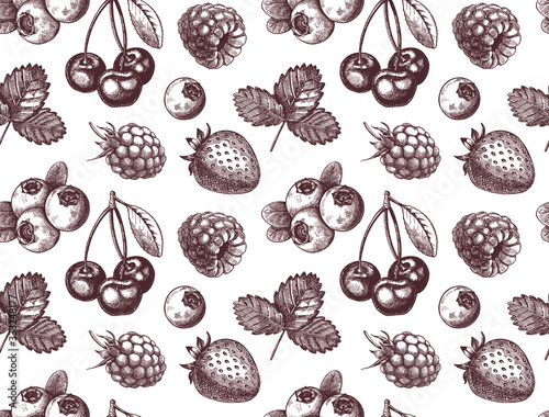 Wild berry seamless pattern drawing. Hand drawn vintage vector background.
