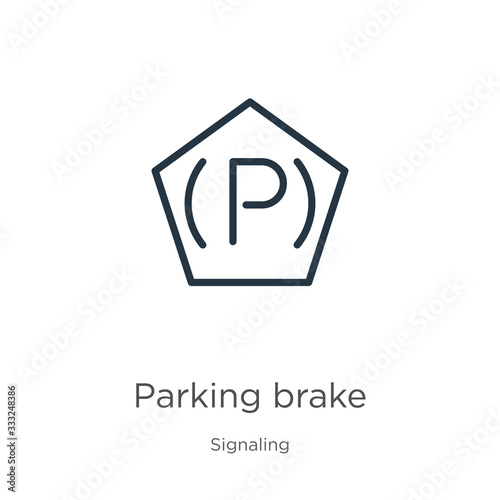 Parking brake icon. Thin linear parking brake outline icon isolated on white background from signaling collection. Line vector sign, symbol for web and mobile