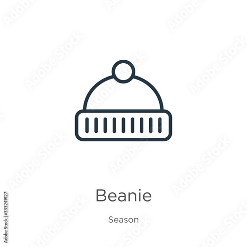 Beanie icon. Thin linear beanie outline icon isolated on white background from season collection. Line vector sign, symbol for web and mobile