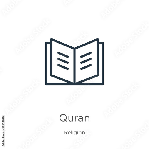 Quran icon. Thin linear quran outline icon isolated on white background from religion collection. Line vector sign, symbol for web and mobile