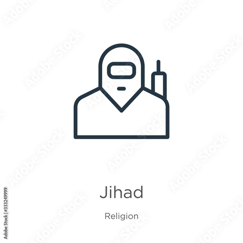 Jihad icon. Thin linear jihad outline icon isolated on white background from religion collection. Line vector sign, symbol for web and mobile