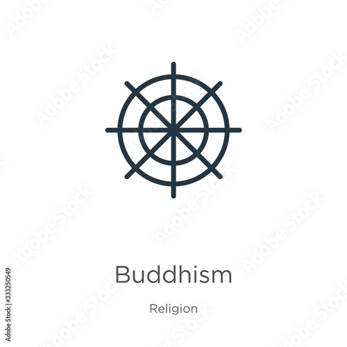 Buddhism icon. Thin linear buddhism outline icon isolated on white background from religion collection. Line vector sign, symbol for web and mobile