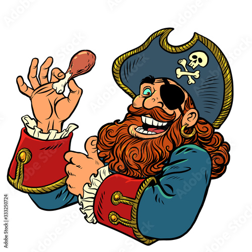 a pirate eats a chicken leg. fast food