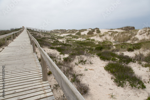 Herrliche D  nen Landschaft am ruhigen und endlosen Strand Praia do Osso Balaia  Portugal