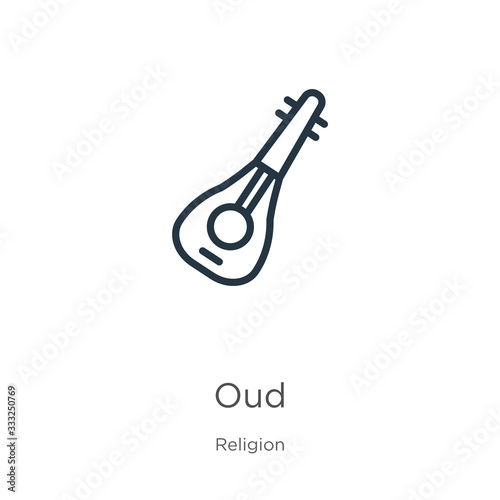Oud icon. Thin linear oud outline icon isolated on white background from religion collection. Line vector sign, symbol for web and mobile