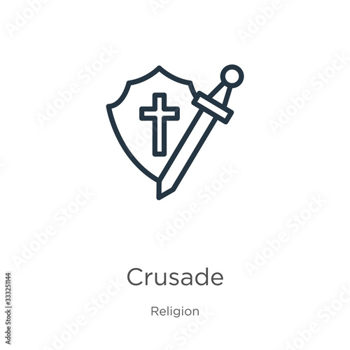 Crusade icon. Thin linear crusade outline icon isolated on white background from religion collection. Line vector sign, symbol for web and mobile