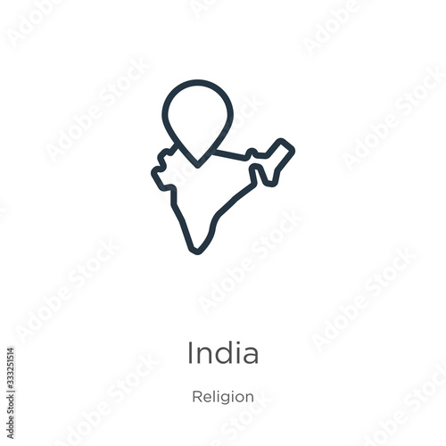 India icon. Thin linear india outline icon isolated on white background from religion collection. Line vector sign, symbol for web and mobile