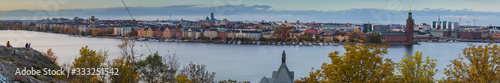 Beautiful landscape photo of Stockholm cityscape viewed from Skinnarviksberget on early evening in autumn. Beautiful Stockholm evening panorama from famous vantage point.