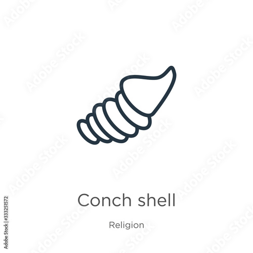 Conch shell icon. Thin linear conch shell outline icon isolated on white background from religion collection. Line vector sign, symbol for web and mobile