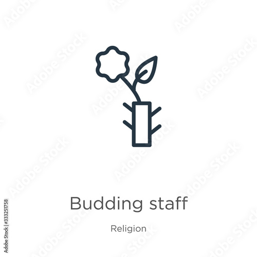 Budding staff icon. Thin linear budding staff outline icon isolated on white background from religion collection. Line vector sign, symbol for web and mobile