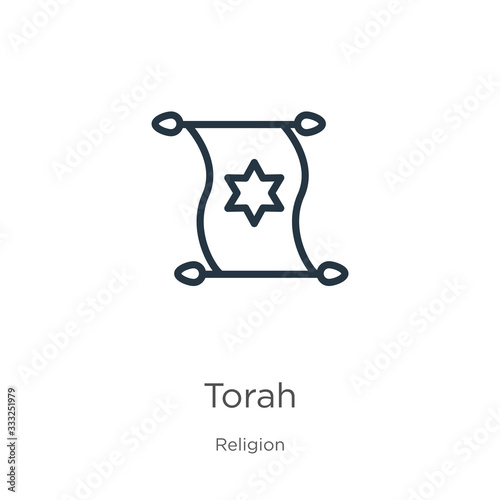 Torah icon. Thin linear torah outline icon isolated on white background from religion collection. Line vector sign, symbol for web and mobile