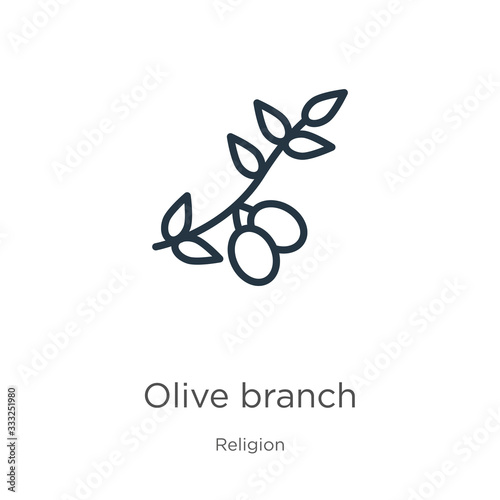 Olive branch icon. Thin linear olive branch outline icon isolated on white background from religion collection. Line vector sign, symbol for web and mobile