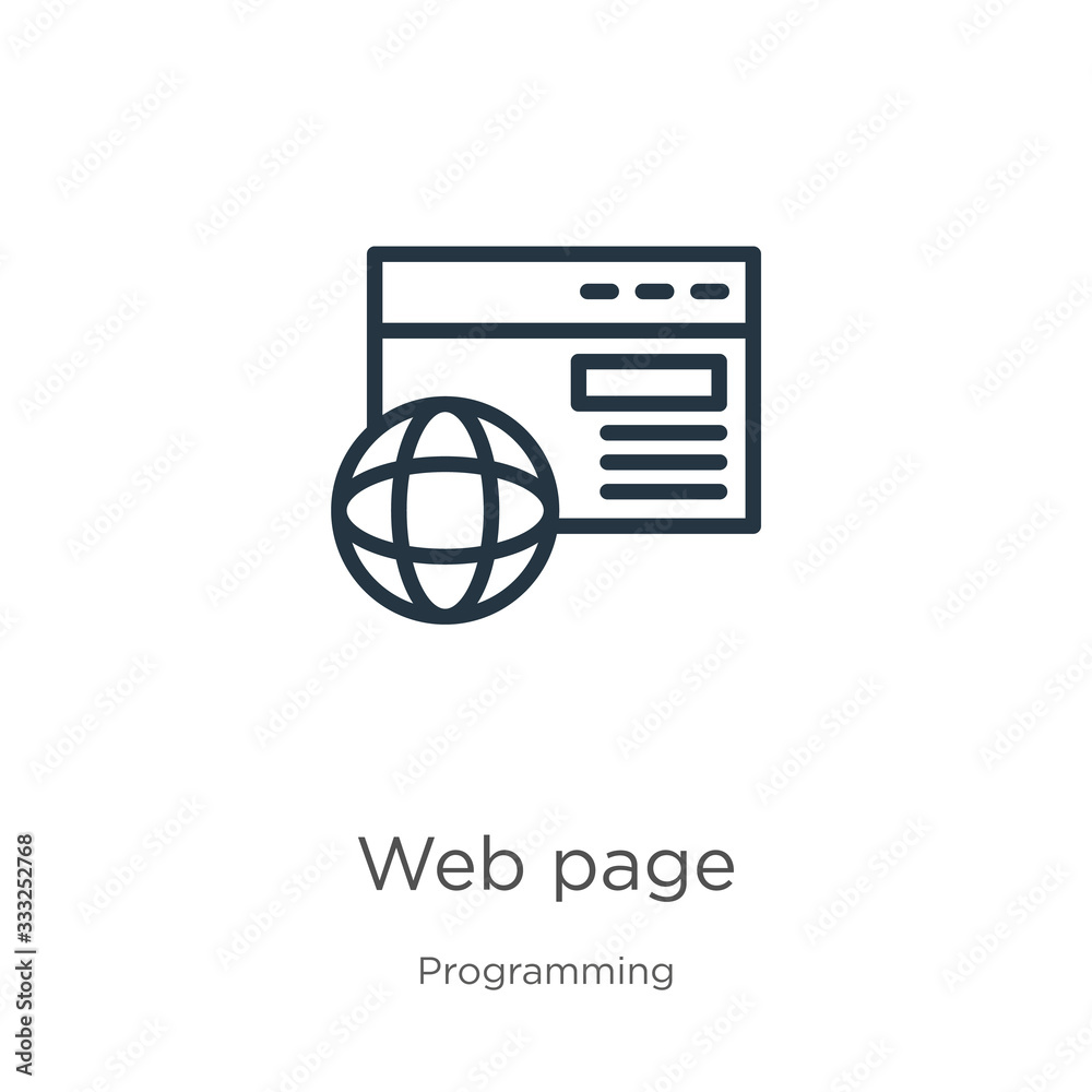 Web page icon. Thin linear web page outline icon isolated on white background from programming collection. Line vector sign, symbol for web and mobile Web page icon. Thin linear web page outline icon isolated on white background from programming collection. Line vector sign, symbol for web and mobile
