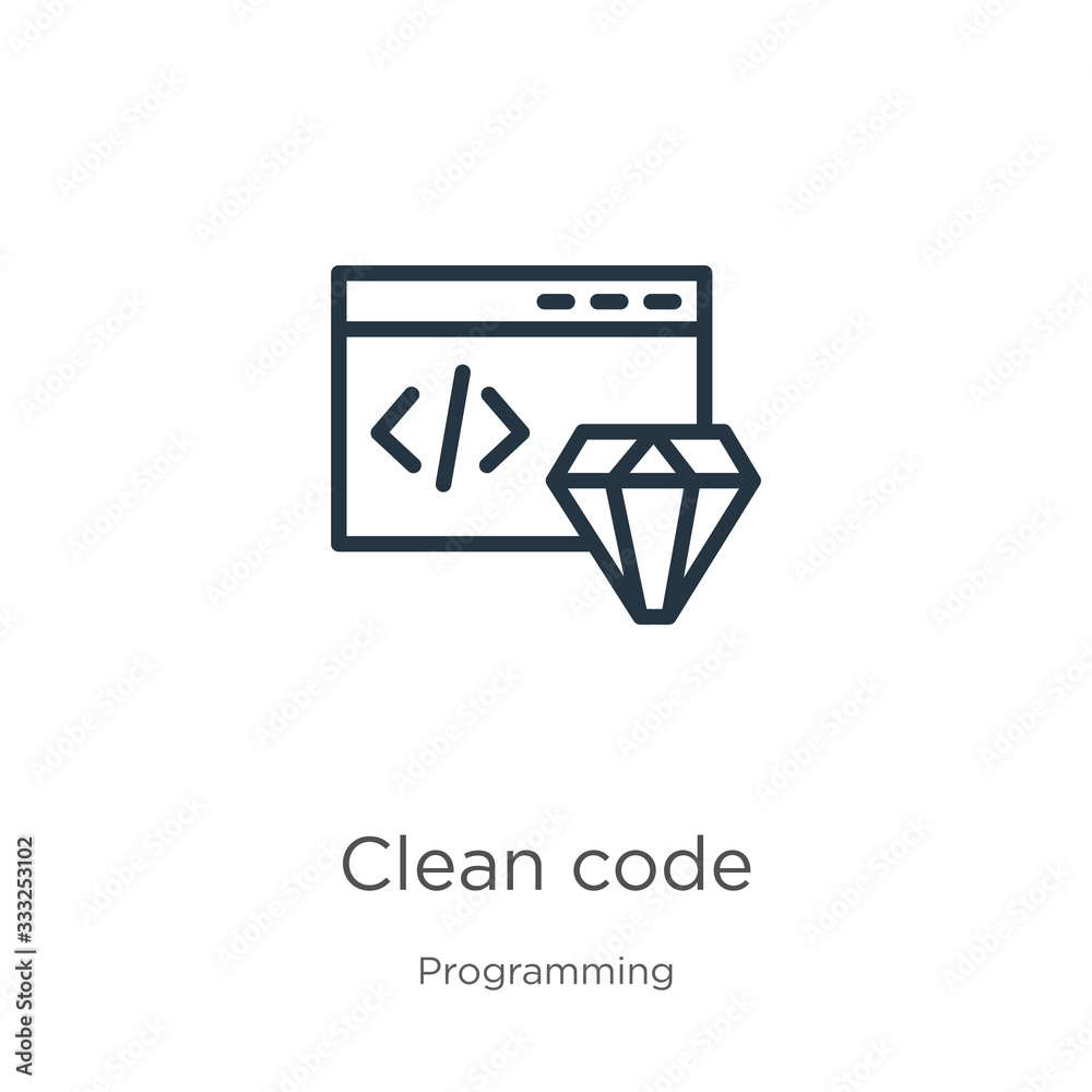 Clean code icon. Thin linear clean code outline icon isolated on white background from programming collection. Line vector sign, symbol for web and mobile