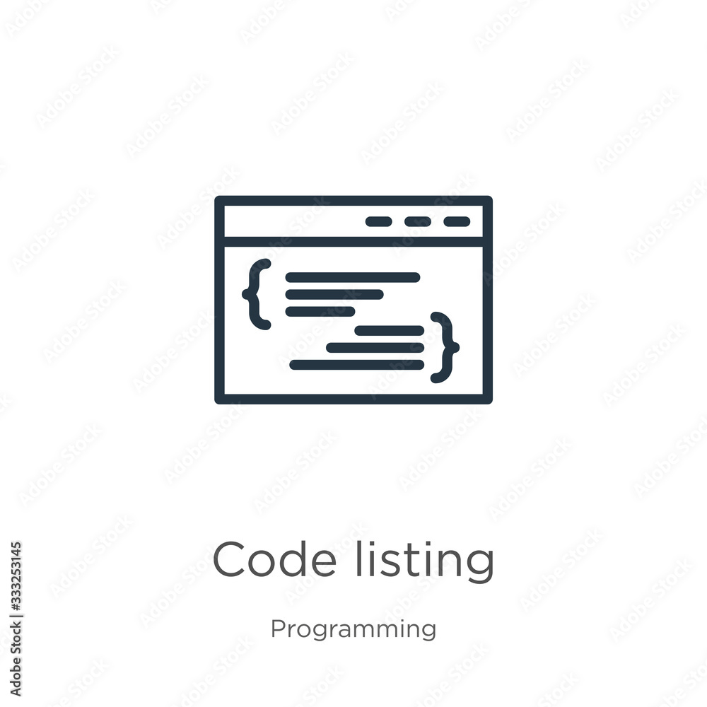 Code listing icon. Thin linear code listing outline icon isolated on white background from programming collection. Line vector sign, symbol for web and mobile Code listing icon. Thin linear code listing outline icon isolated on white background from programming collection. Line vector sign, symbol for web and mobile