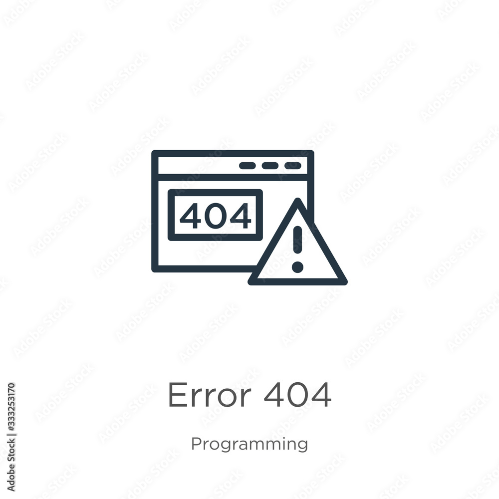 Error 404 icon. Thin linear error 404 outline icon isolated on white background from programming collection. Line vector sign, symbol for web and mobile Error 404 icon. Thin linear error 404 outline icon isolated on white background from programming collection. Line vector sign, symbol for web and mobile
