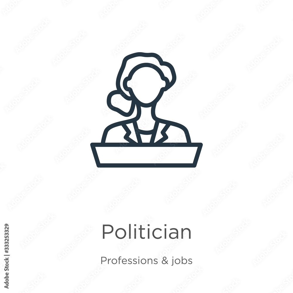 Politician icon. Thin linear politician outline icon isolated on white background from professions collection. Line vector sign, symbol for web and mobile Politician icon. Thin linear politician outline icon isolated on white background from professions collection. Line vector sign, symbol for web and mobile