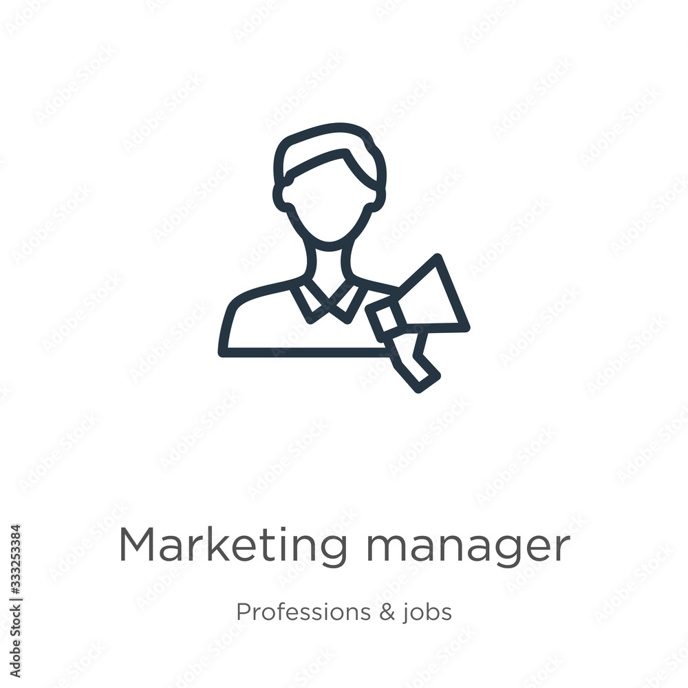 Marketing manager icon. Thin linear marketing manager outline icon isolated on white background from professions collection. Line vector sign, symbol for web and mobile Marketing manager icon. Thin linear marketing manager outline icon isolated on white background from professions collection. Line vector sign, symbol for web and mobile
