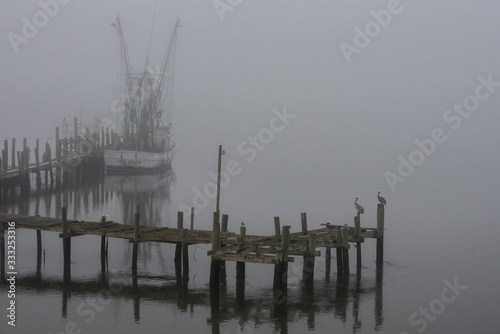 foggy boat dock