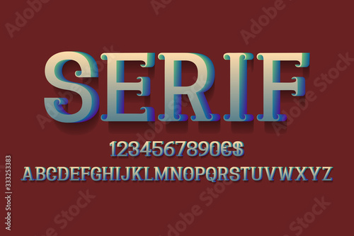 Serif alphabet with numbers and currency signs. 3d retro font.