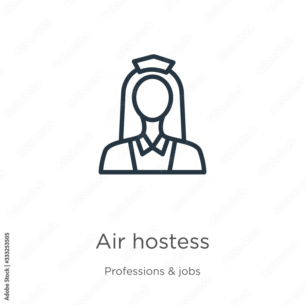 Air hostess icon. Thin linear air hostess outline icon isolated on white background from professions collection. Line vector sign, symbol for web and mobile