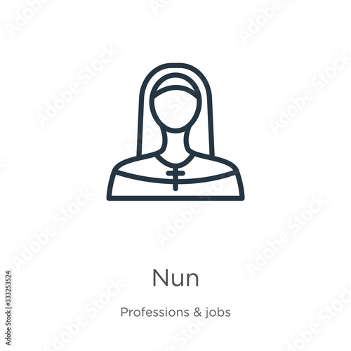 Nun icon. Thin linear nun outline icon isolated on white background from professions & jobs collection. Line vector sign, symbol for web and mobile