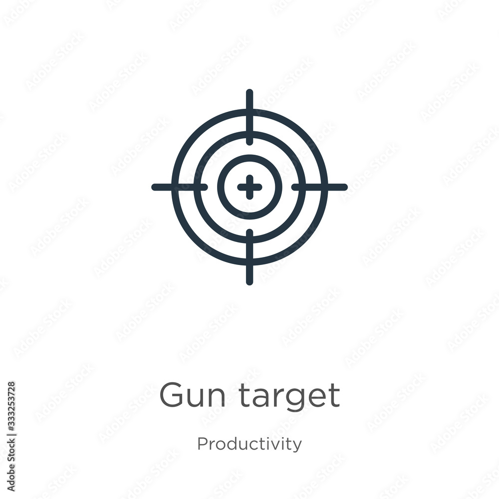 Gun target icon. Thin linear gun target outline icon isolated on white background from productivity collection. Line vector sign, symbol for web and mobile Gun target icon. Thin linear gun target outline icon isolated on white background from productivity collection. Line vector sign, symbol for web and mobile