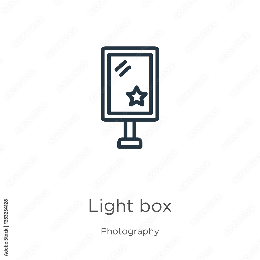 Light box icon. Thin linear light box outline icon isolated on white background from photography collection. Line vector sign, symbol for web and mobile Light box icon. Thin linear light box outline icon isolated on white background from photography collection. Line vector sign, symbol for web and mobile